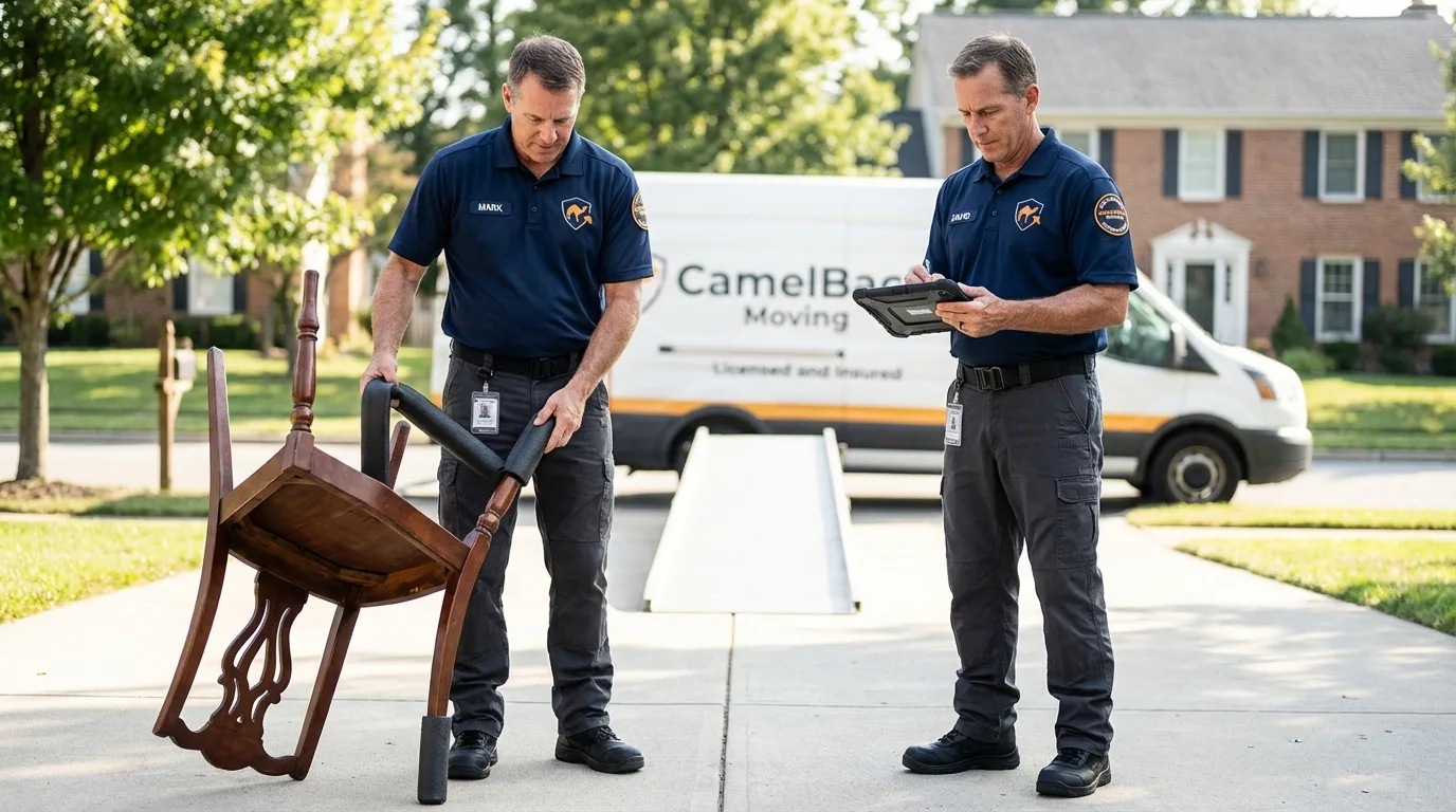 Movers inspecting furniture for damage prevention before loading in Valley View, PA